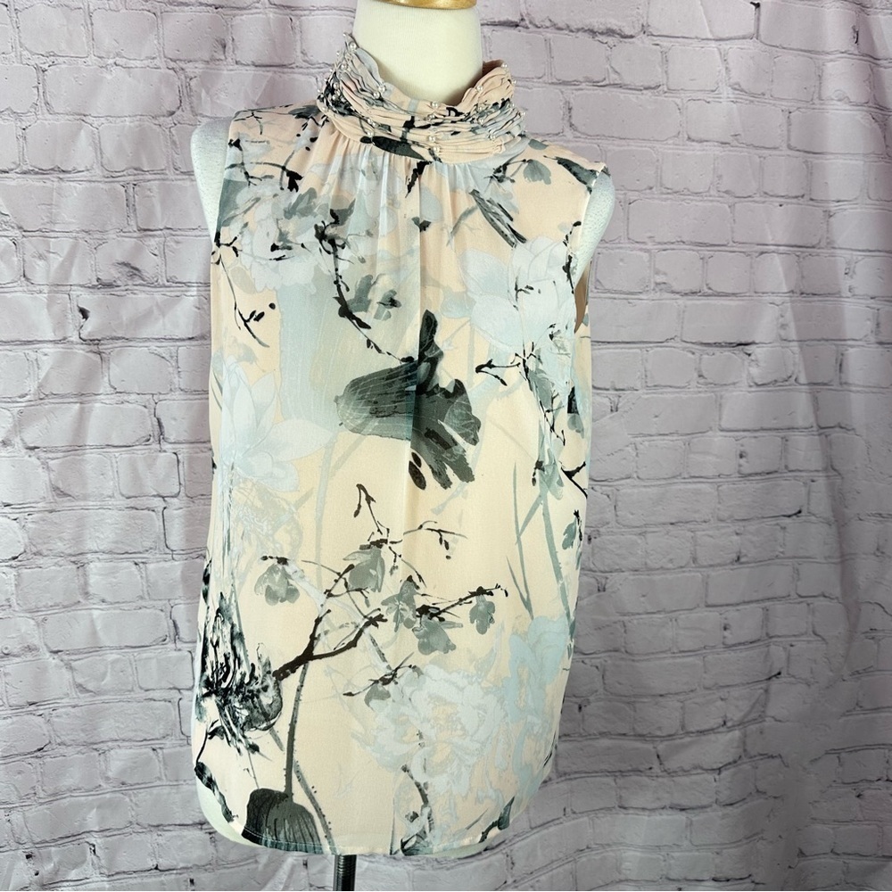 KARL LAGERFEL Floral Sleeveless Top sheer lined high neck pearl beads sz small